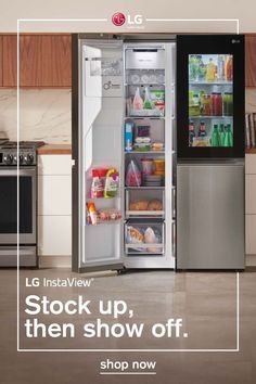 an advertisement for the lg instaview stock up, then show off shop now