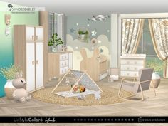 a child's bedroom with furniture and decor in pastel colors, including a teddy bear