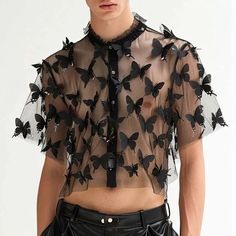 Edgy and bold sheer black tulle cropped button-down shirt. Features laser-cut butterflies and a ruffle collar for a unique, standout look. Perfect for fashion-forward trendsetters. Sized by waist in inches. Butterfly Outfit Men, Gay Fashion Aesthetic, Moth Clothes, Ftm Fashion, Gay Prom, Toru Hagakure, Moth Shirt, Shirt Patchwork, Guts Tour