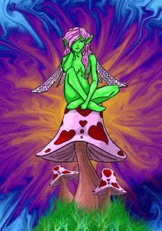 a painting of a woman sitting on top of a mushroom