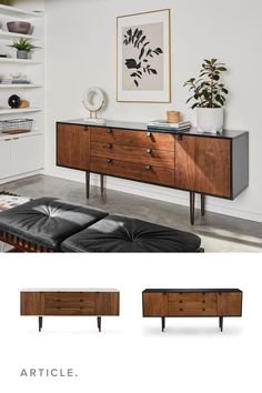 the sideboard is made out of wood and has two drawers