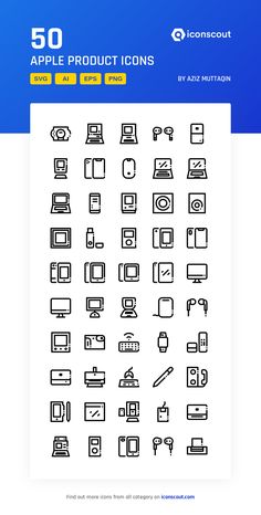 the 50 apple product icons are shown in black and white, with an additional icon below