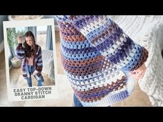 a crocheted blanket is shown next to an image of a woman wearing jeans