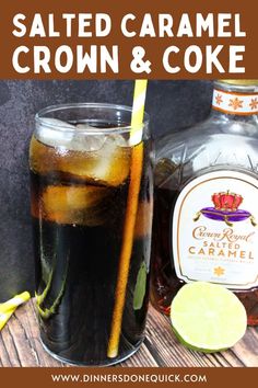 a bottle of salted caramel crown and a glass filled with ice cold drink