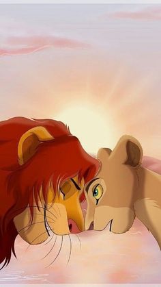 the lion and cub are kissing each other in front of a pink sky with clouds