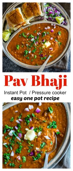 two pictures showing how to make pav bhaji in pressure cooker