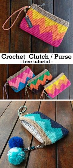 crochet clutch purse with pom - poms on the bottom and inside