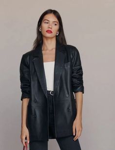 Not too big, not too small, the Dalia Double Breasted Leather Blazer is just right. Leather Blazer Jacket, Minimalist Wardrobe, Blazer Black, Leather Blazer, Black Blazers, Leather Jackets, Black Jacket, Double Breasted, Blazer Jacket