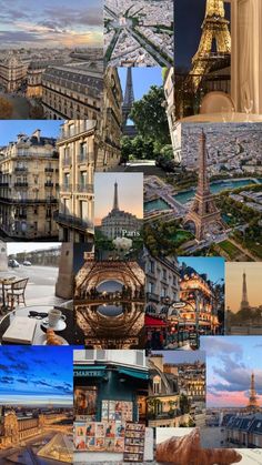 the collage shows many different buildings and places that are all in one photo, including eiffel tower