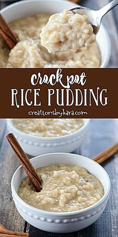 two bowls filled with rice pudding on top of a wooden table next to cinnamon sticks