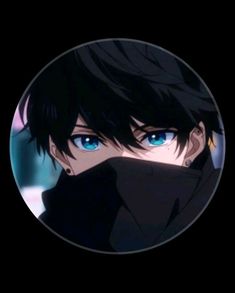 an anime avatar with blue eyes and black hair, wearing a hoodie over his face