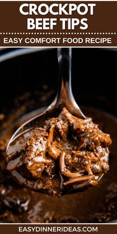 crockpot beef tips in a skillet with text overlay