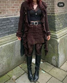 Flared Sleeve Outfit, Boho Gothic Outfit, How To Style A Shawl Outfit, Edgy Bohemian Outfits, Simple Punk Outfits, Brown Goth Outfit, Whimsigoth Pants Outfit, Goth Country Outfits, Outfits For Big Thighs