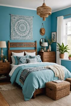 a bedroom with blue walls and white bedding, wicker baskets on the floor