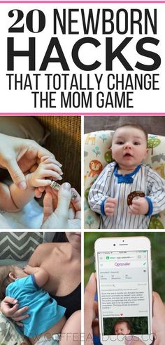 the baby is being held up by her mother and father, with text overlay that reads 20 newborn hacks that totally change the mom game