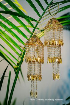 two gold colored chandeliers hanging from a palm tree with green leaves in the background