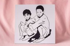 a black and white drawing of two people sitting on a pink sheet with a pink background