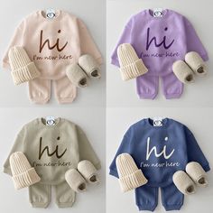 HI I'M NEW HERE Baby 2-Piece Casual Set Winter Cotton Sets With Letter Print, Matching Cotton Sets With Letter Print, Unisex Long Sleeve Cotton Sets, Cute Letter Print Loungewear Sets, Winter Matching Cotton Set, Casual Crew Neck Sets For Winter, Casual Winter Sets With Crew Neck, Playful Cotton Sets For Winter, Cute Cotton Winter Sets