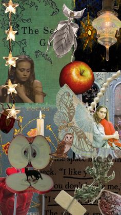 a collage of pictures with apples, candles and other things on it's surface