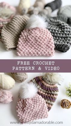 crochet patterns for hats and mittens with text overlay that says free crochet pattern & video