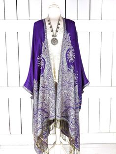 "Purple floral reversible pashmina kimono cover up jacket with custom lengths and fringe detail Measurements...taken flat - width across seam to seam: 46\" - regular length with fringe: 38\" - regular length without fringe: 34\" - Maxi length is as selected with or without fringe Features... - lovely soft woven medium weigh pashmina fabric - bohemian oversized flowing design -reversible...two kimonos on one - cardigan style with an open front and generous arm holes - universal design allows a co Cover Up Jacket, Sequin Kimono, Festival Outfits Rave, Sheer Kimono, Outfits Rave, Cardigan Style, Beautiful Kimonos, Women's Cover Up, Universal Design