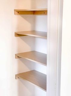 Want to add shelves to your closet? These DIY closet shelves are easy for a beginner to make! All you need is a 1x2 and precut shelf boards! Diy Closet Shelves, Closet Organized, Closet Built Ins, Framing Construction, Simple Closet, Toddler Bedroom, Storage Cupboard, Closet Renovation, House Updates