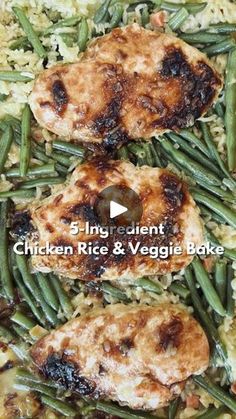 chicken, rice and veggie bake with green beans on top in a pan