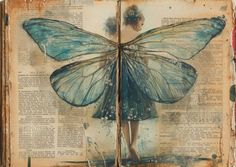 an altered book with a blue butterfly on it's wings and the pages are open