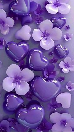 purple hearts and flowers floating in the air