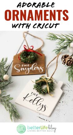 an ornament hanging from a christmas tree with the words, adorable ornaments with cricut