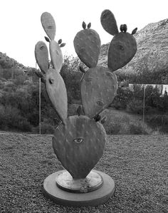 a black and white photo of a cactus sculpture in the shape of heart shaped cacti