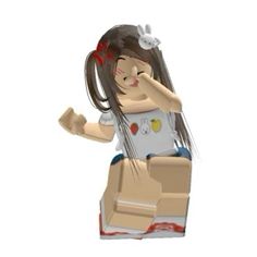 a lego girl is holding her head in the air