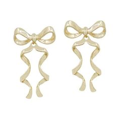 Gold Waved Ribbon Bow Studs Chic Gold Earrings With Decorative Bow, Chic Gold Earrings With Bow, Gold Feminine Earrings For Party, Gold Feminine Earrings For Evening, Feminine Gold Earrings For Party, Feminine Gold Earrings For Evening, Gold Earrings With Decorative Bow For Formal Occasions, Formal Gold Earrings With Decorative Bow, Gold Earrings With Decorative Bow For Party