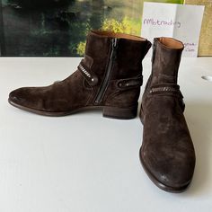 - Designer = John Varvatos - Size = 9.5m. Trunk 7 -Color = Brown - John Varvatos Sueded Brown 9.5m Hand Made In Italy Harness Chelsea Boots -1heel Height = 1.25” Inches (3cm) -Height At Top Tip Of Boots To Bottom Tip Of Heel = 19cm -3measured Underneath Outsole From Front Tip Of Shoes To Back Tip Of Heel To Give An Estimate Of Size Length = 31cm - Genuine And Authentic Or Your Money 9back Trunk 7 Luxury Moto Boots With Leather Sole And Round Toe, Luxury Moto Boots With Leather Sole, Designer Calf Leather Moto Boots With Round Toe, Designer Chelsea Boots With Leather Sole, Designer Boots With Rubber Sole And Pointed Toe, Designer Pointed Toe Boots With Rubber Sole, Designer Moto Boots With Leather Sole, Designer Suede Boots With Almond Toe, Designer Moto Boots With Leather Sole For Formal Wear