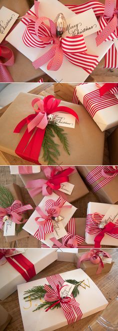 several pictures of different boxes with ribbons and bows on them, all wrapped in red and white paper