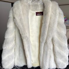 Jordache Faux Fur White And Grey Jacket White Fur Coat With Faux Fur Lining, White Faux Fur Lined Coat, White Long Sleeve Outerwear With Faux Fur Trim, White Faux Fur Trim Outerwear, White Faux Fur Coat For Spring, White Faux Fur Outerwear For Spring, Grey Jacket, White Faux Fur, Women's Jackets