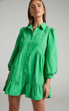 Maulee Mini Dress - Frill Hem Shirt Dress in Green | Showpo USA Recruitment Outfits, Black Sequin Mini Dress, Neon Outfits, Spring Maxi Dress, Cute Preppy Outfits, Long Sleeve Knit Dress, Mini Shirt Dress, Dainty Earrings, Smock Dress