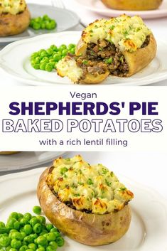 two plates with baked potatoes and peas on them