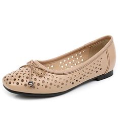 • Upper Material: Genuine Leather• Toe Shape: Square Toe• Season: Spring/Autumn• Outsole Material: Rubber• Occasion: Casual• Lining Material: Polyurethane• Item Type: Flats• Insole Material: Polyurethane• Fit: Fits true to size, take your normal size• Fashion Element: Butterfly-knot• Closure Type: Slip-On• Heel Height: Brown Flats With Perforated Toe Box, Leather Flats With Square Toe For Summer, Leather Square Toe Flats For Summer, Leather Flats For Office Wear In Summer, Summer Leather Flats For Office, Leather Flats For Office Use In Summer, Elegant Flats With Perforations, Summer Beige Leather Ballet Flats, Leather Flats With Perforations