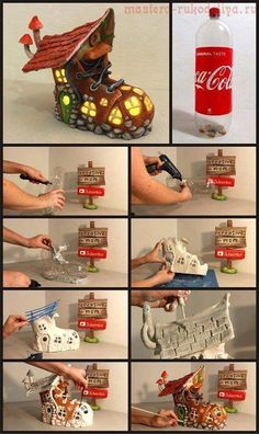 a collage of photos showing how to make a gingerbread house with coca - cola cans