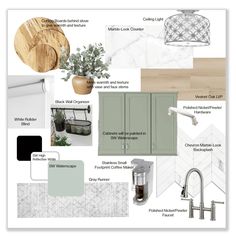 the interior design mood board is shown with white and green accents