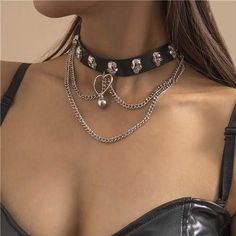 Noir Punk: Skulls and PU Tassel Necklace-Fashion Necklaces-StylinArts Edgy Cheap Choker For Festival, Cheap Punk Necklaces For Concerts, Cheap Punk Festival Choker, Black Leather Choker, Conservative Fashion, Leather Choker Necklace, Heart Chain, Layered Chains, Leather Chokers