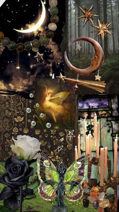 an artistic collage with candles, flowers and stars in the night sky over a forest