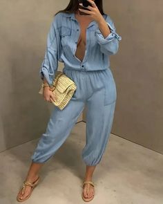 Lasaky - Long sleeve denim jumpsuit with button pocket Jumpsuit Outfit Street Style, Denim Jumpsuit Outfit, Long Sleeve Denim Jumpsuit, Outfit Street Style, Jumpsuit Casual, Button Outfit, All Jeans, Denim Patterns, Denim Chic