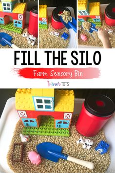 a collage of photos showing how to fill the silo with legos and other toys