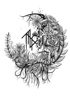 a drawing of flowers and plants in the shape of a letter m on a white background