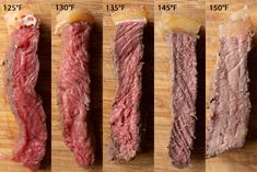 four different types of meat are shown on a cutting board with the same amount of meat in each section