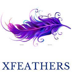 a purple feather with the words xfeathers on it's bottom corner