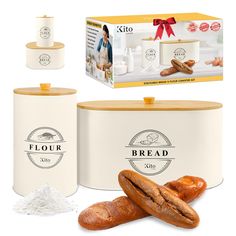 bread and flour are on display in front of a box