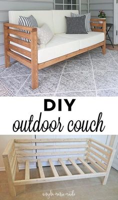 the diy outdoor couch is made out of pallet wood and has been painted white